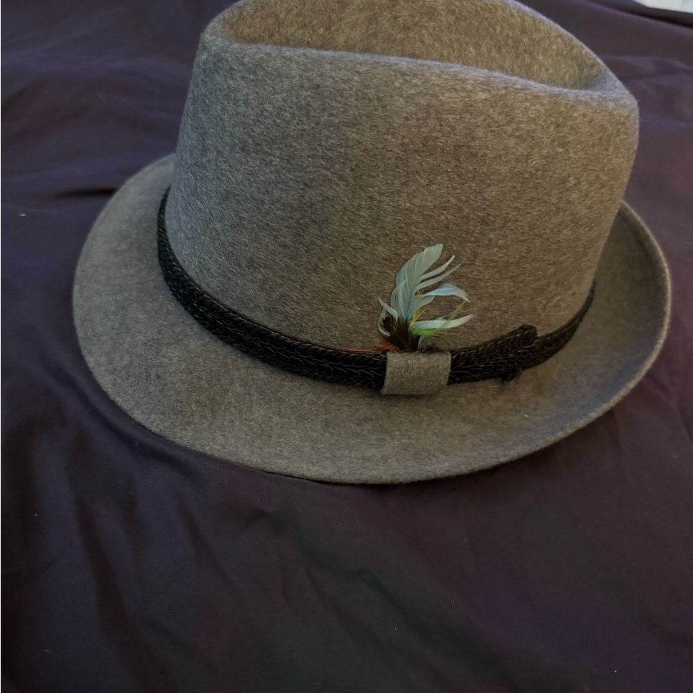 Gray Fedora Hat with Feather Accent